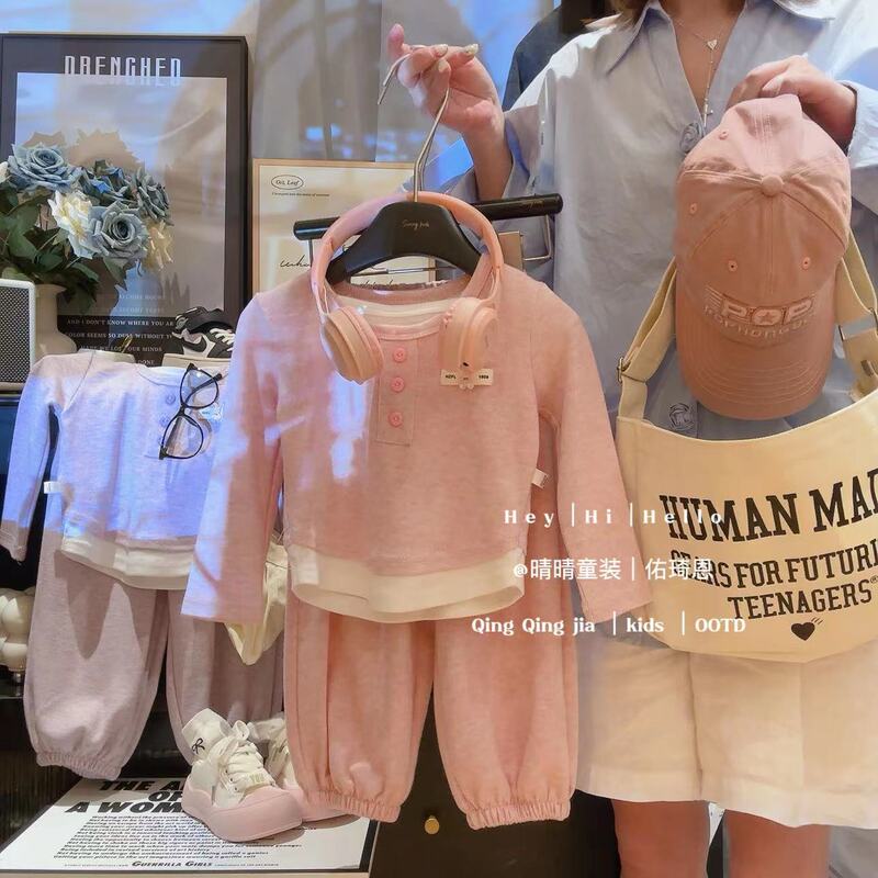 女童套装秋2025新款秋季时髦小女孩童装假两件儿童糯米绒上衣裤子|undefined