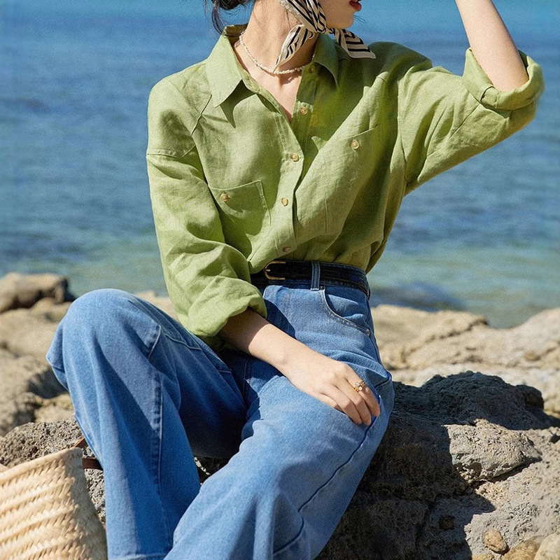 Beautiful Emperor 14 all linen green long-sleeved salt shirt women's early spring new casual loose shirt
