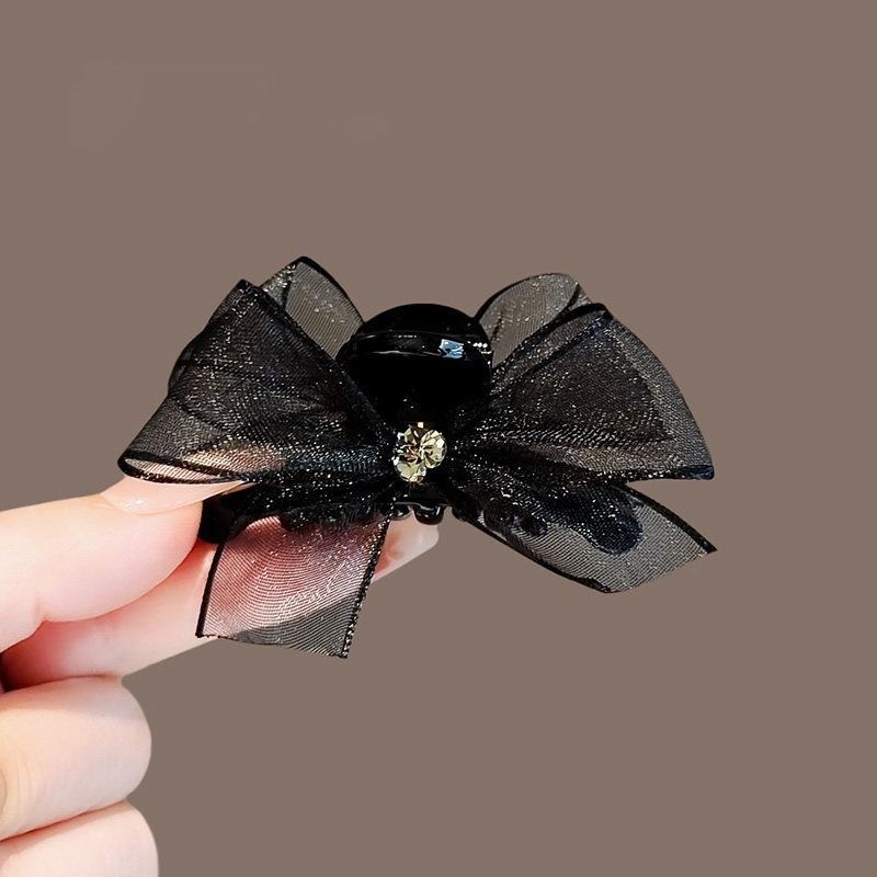 Black ribbon bow rhinestone mini hair claw clip - approximately 6cm - single pack