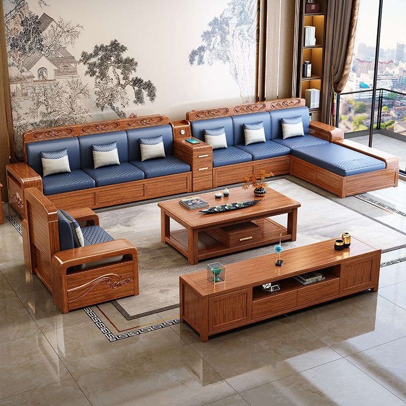 Golden Walnut Wood Solid Wood Sofa Set for Small Apartments, Dual-use for Winter and Summer, with Storage, Home Living Room Furniture