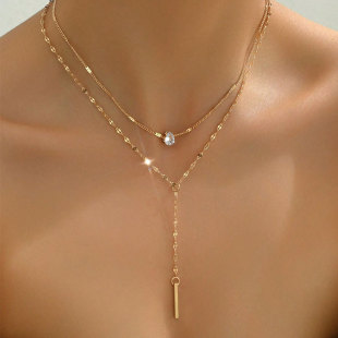Cross-border Hot Selling Double Layer Y Pendant Necklace Female Crystal Zircon Water Drops Metal Vertical Neck Chain Jewelry Wholesale