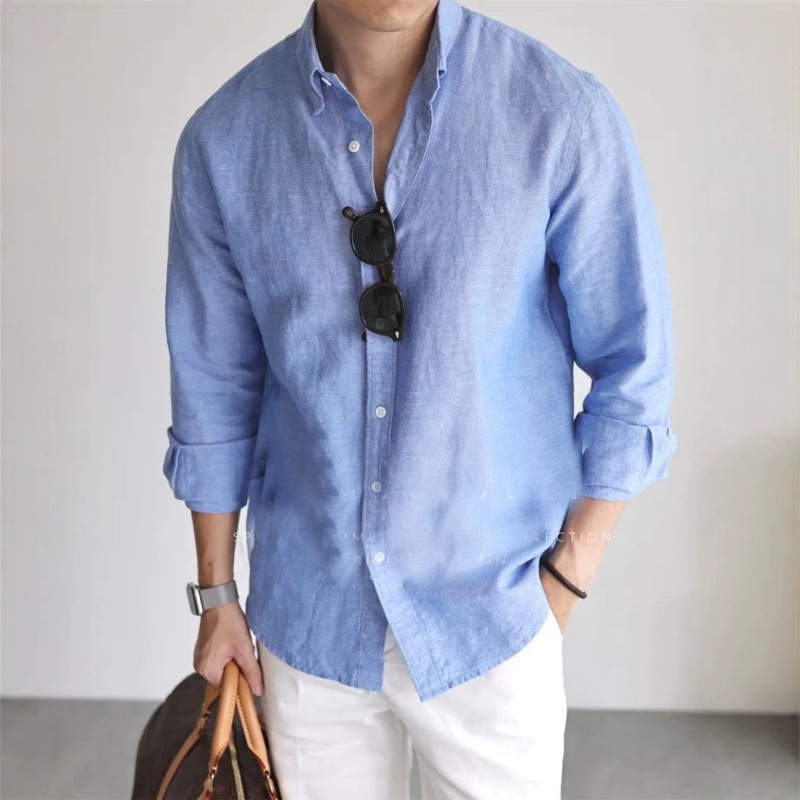 American-Style Cotton and Linen Work Shirt for Men, Breathable, Slim-Fit, Long-Sleeved, Business Casual, Commuter Shirt, Sun Protection Clothing, Cardigan, Men's Clothing