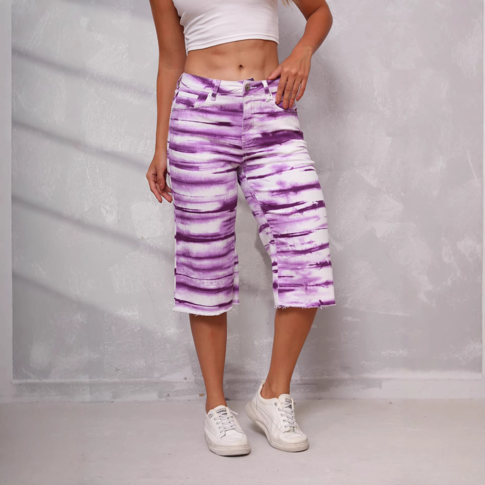 Pantalones Capri de Mezclilla con Flecos y Tie-Dye, Estilo Europeo y Americano, Nuevo Verano 2025, Disponibles en Amazon, Moda Simple para Mujer