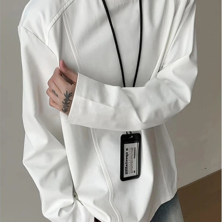 White small-collar, straight-shoulder, long-sleeve men's shirt for autumn and winter, American retro style, quick-dry, heavy-weight sweatshirt, suitable as an inner layer