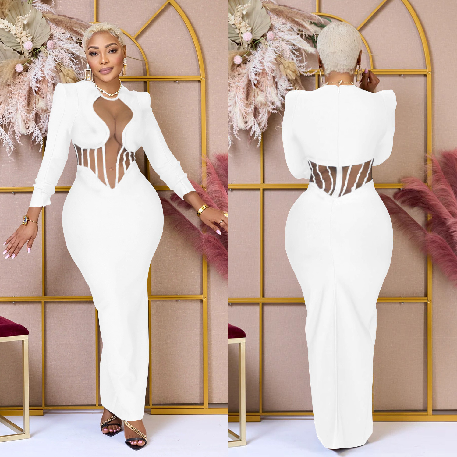 C6756 transfronteriza AliExpress Amazon moda europea y americana de las mujeres de color sólido malla perspectiva Vestido de manga larga vestido