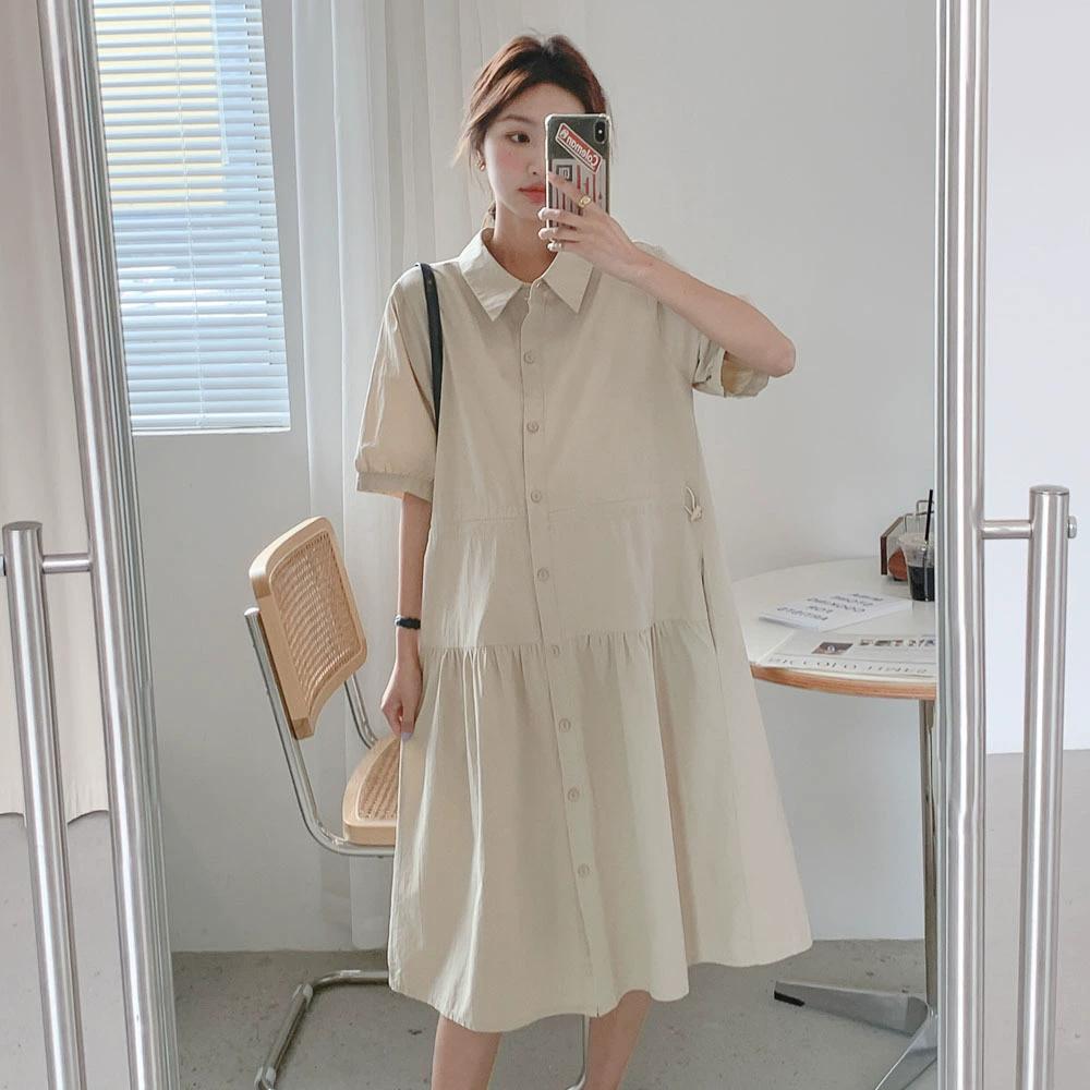 Летом новое платье материнства корейский стиль талии похудения отворотом платье рубашки средней длины модный Горячая мама платье
