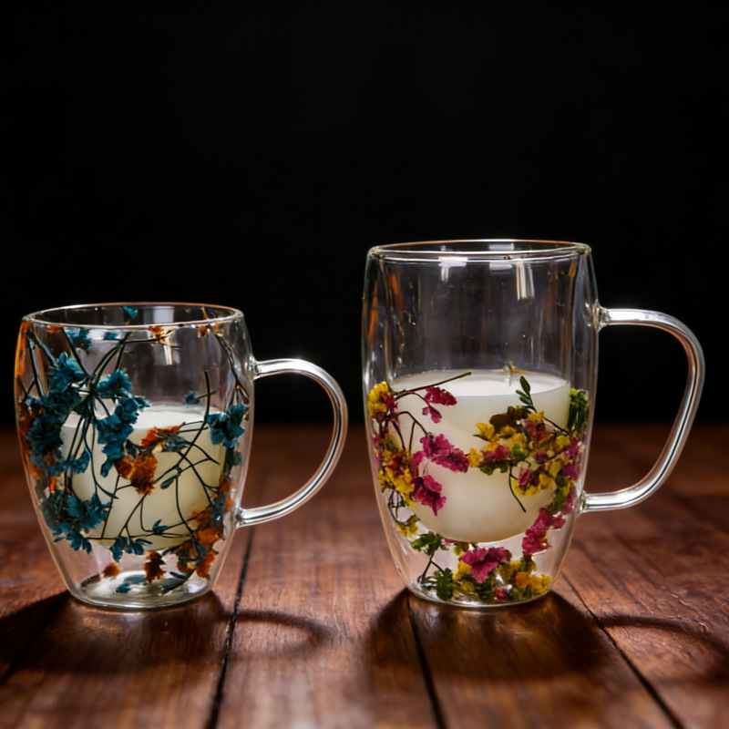 Taza de vidrio multicolor con flores secas insertadas, aislamiento térmico y anti-escaldado, taza de bebida doméstica de doble capa con mango en forma de huevo de flores secas