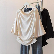 大码胖妹妹纯欲风荡领修身一字肩T恤女夏季设计感喇叭袖遮肉上衣