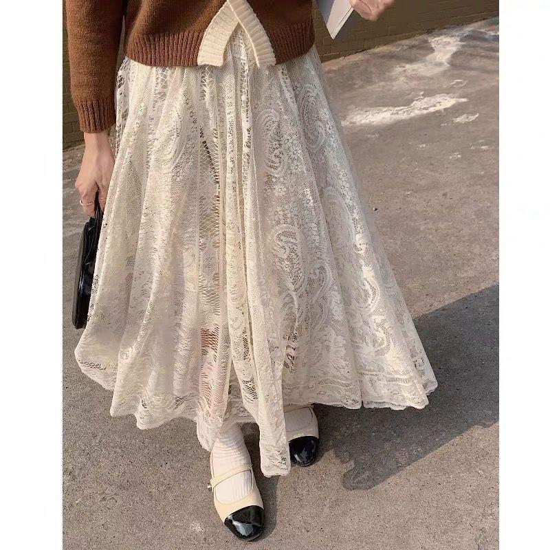 Petticoat plus size Sweet Small Mid-length Autumn and Winter Fairy Skirt Women's High Waist Lace Long Skirt Umbrella Skirt Slimming