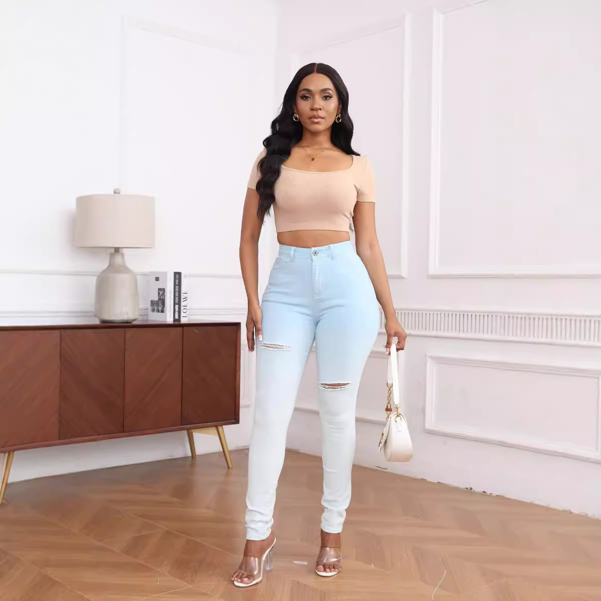 Comercio exterior agujero primavera y verano Amazon eBay blanqueado y teñido jeans azules y blancos jeans de cintura alta mujeres degradado personalizado nuevo