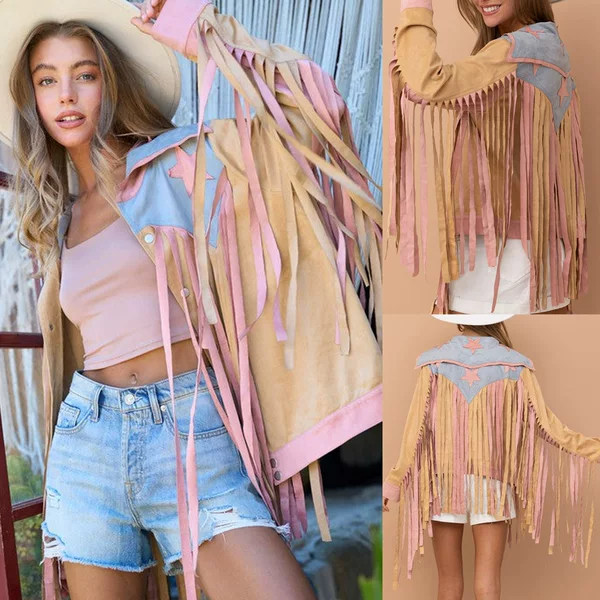 European and American Autumn and Winter Women's Jackets, Deer Velvet Leather Five-Pointed Star Lapel Tassel Sweet Casual Tops for Women Su3097