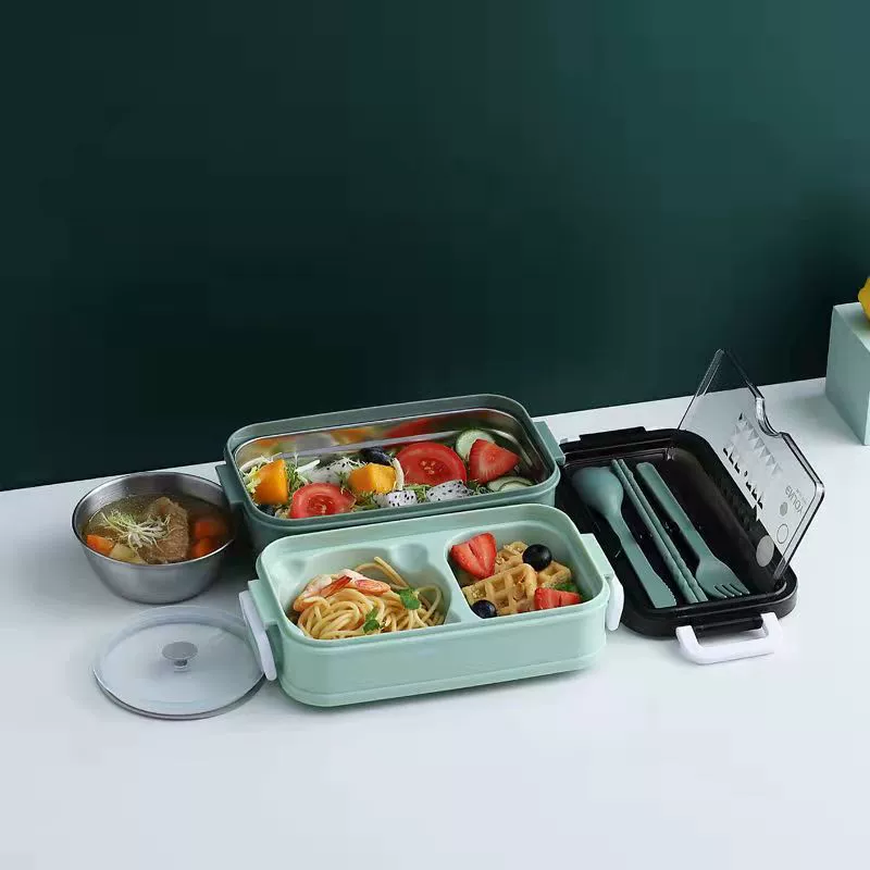 Double-Layer Lunch Box, Stainless Steel + PP, 1050 ml, Compact Bento Set