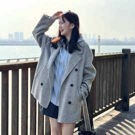 【韩系少女】浅灰色宽松通勤百搭双排扣羊毛大衣外套HL109-1