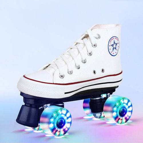 Canvas Summer Breathable Adult Double-Row Inline Skates for Men and Women, Four-Wheel Children's Beginner Roller Skates with Glitter Wheels, Removable