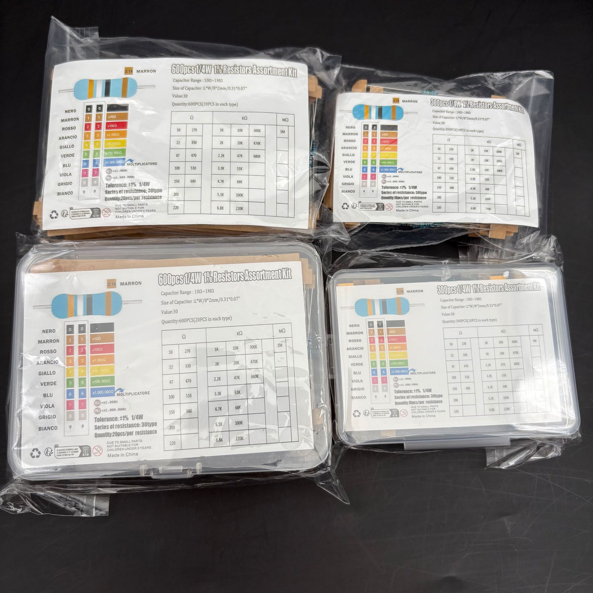 300PCS 600PCS 1/4W金属膜电阻样品包1%精度30种常用阻值每种阻值