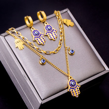 欧美跨境夸张风格端午节礼物蓝色锆石钻双层项链钛钢手链套装耳环