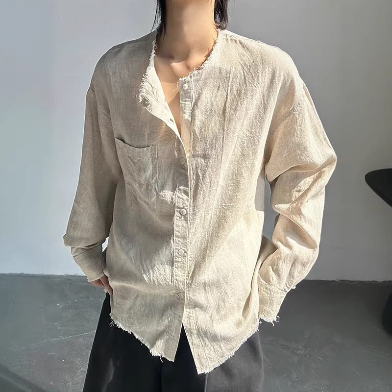 Raw Edge Collarless Long-Sleeve Linen Shirt for Men, 2026 Spring Style, American-Style Cool Loose Sun-Protection Shirt Jacket