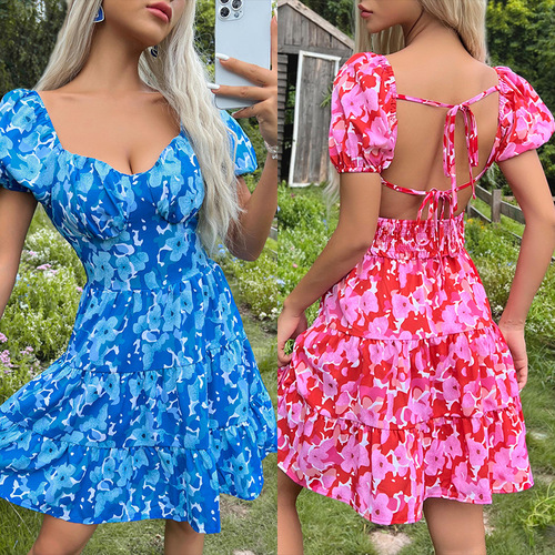 Summer 2025 Sweet and Spicy Style Women's Valentine's Day Sweet Backless Hem Leaf Print Dress