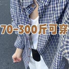 胖mm韩版复古蓝色格子衬衫新款大码宽松2025多巴胺情侣高级衬衣潮
