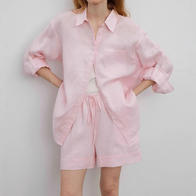 Countome Relaxed Summer/Lazy Casual Style Full Linen Oversized Shirt/Shorts Sun Protection Set