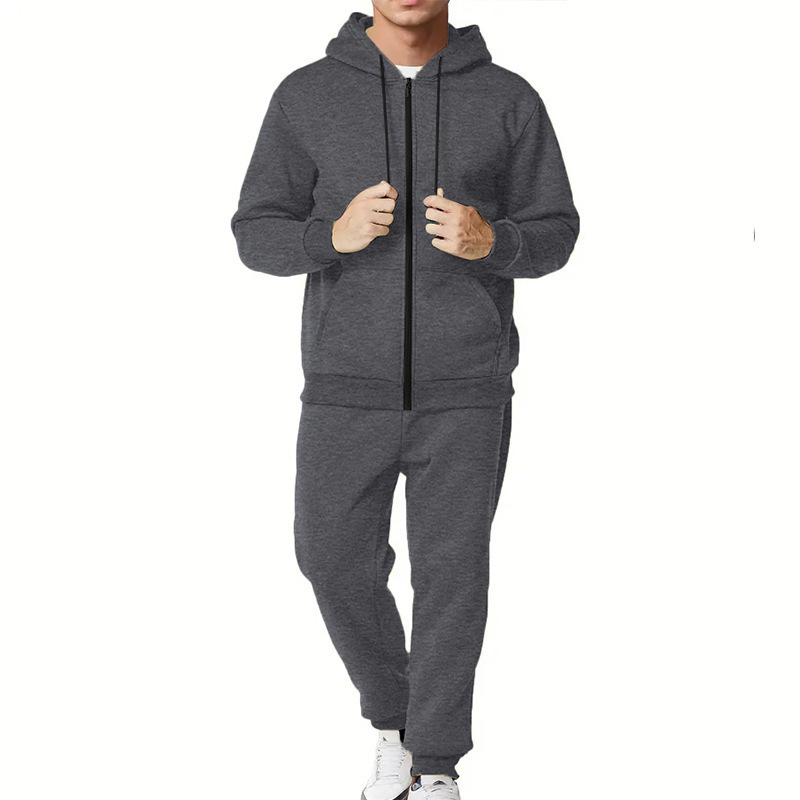 Transfronterizo Amazon nuevo chaqueta hombre otoño invierno pantalones casuales de dos piezas con cremallera encapuchada de color sólido Cardigan para hombres