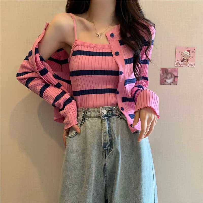 81g Weight Long Sleeve Sleeve Length Single Breasted Placket Type Ice Silk, Polyester Fabric Type Short Top Length Knitwear Tops Type Daily Occasion Round Neck Neckline Slim Fit Type Stripe Pattern Spring, Autumn Season Women's Gender Casual Style Wholesale Women's Ice Silk Polyester Casual Stripe Long Sleeve Sweaters & Cardigans 20
