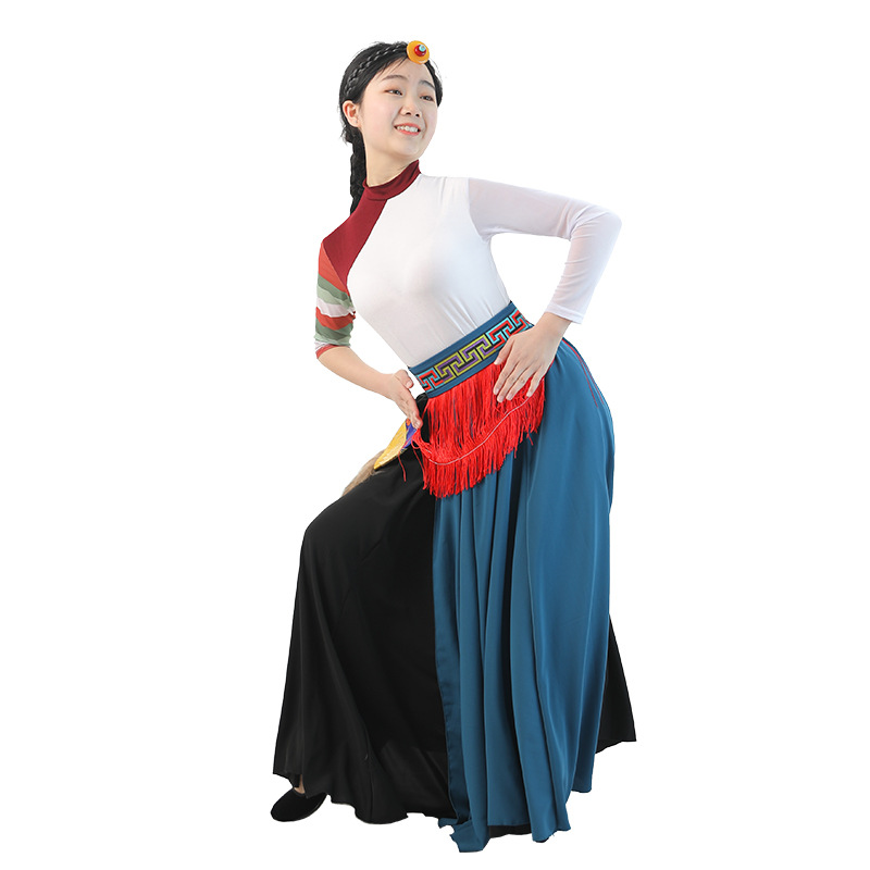 Ropa de danza Xizanga falda de media longitud práctica de las mujeres étnicas Xizangas Top Square danza práctica rendimiento ropa gran swing falda