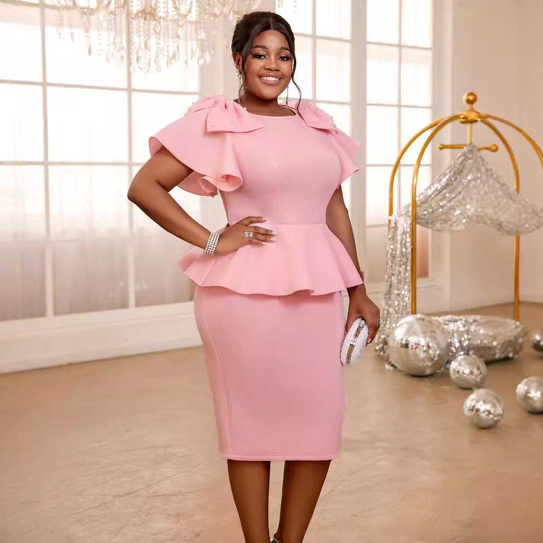 Women's Clothing Elegant temperament ruffled high waist skirt plus size women's bow party dress dress_voghion.com