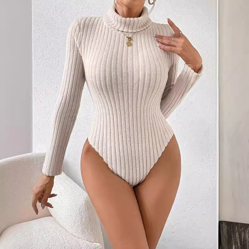 Exclusive French-style high-neck long-sleeved knit fuzzy honeycomb ribbed one-piece top, fashionable and elegant