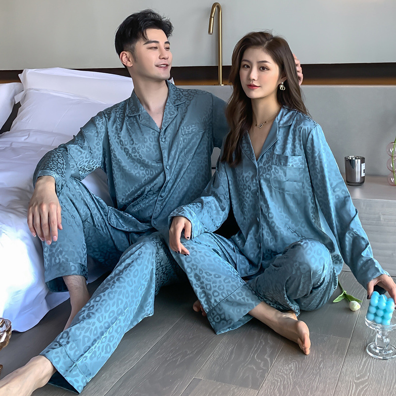 [Clearance Sale] Couple's Pajamas Women's Spring/Summer Silk Two-Piece Set Men's Long-Sleeve Long-Pants Ice Silk Loungewear