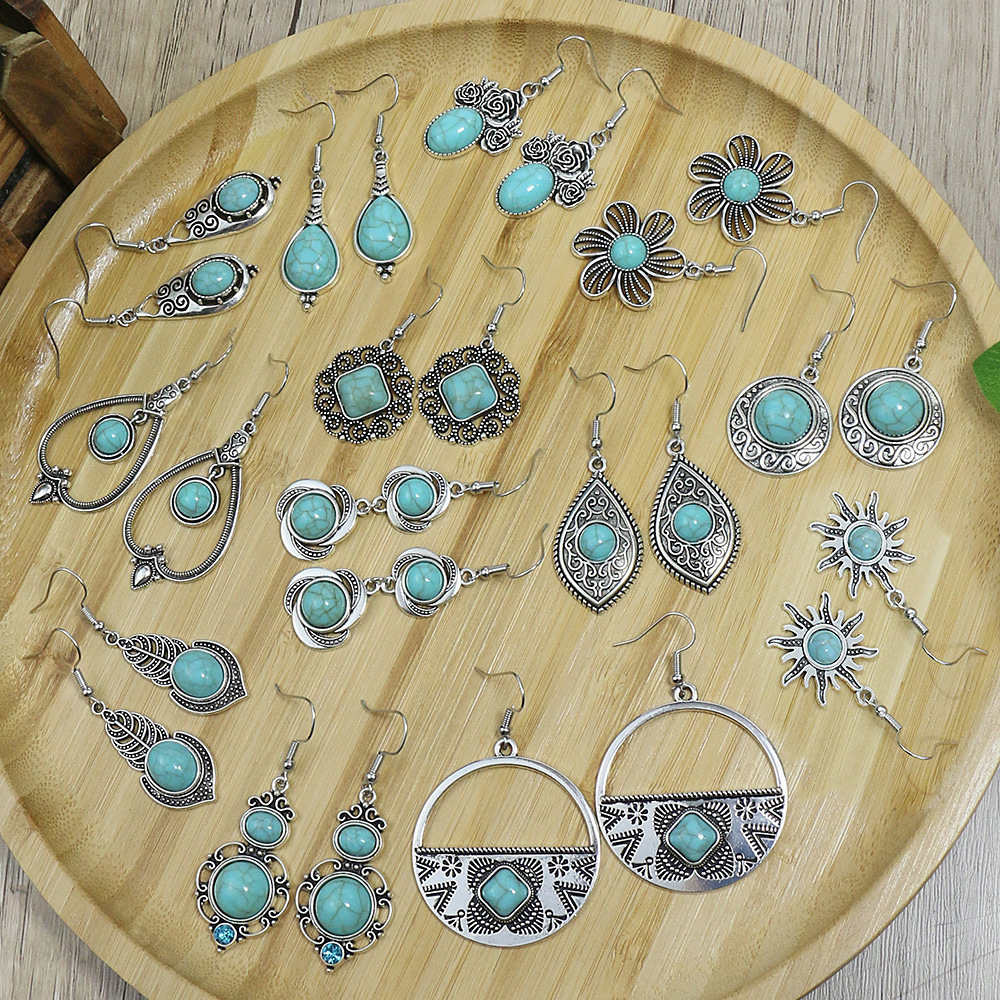 14g Weight Vacuum Plating Gold Plating Process Alloy Ear Needle Material Drop Earrings Classification 1 Pair Quantity Casual Occasion Alloy, turquoise Material Water Droplets Pattern Women's Gender Plating Design Retro Style 1 Pair Retro Water Droplets Plating Alloy Turquoise Drop Earrings 11