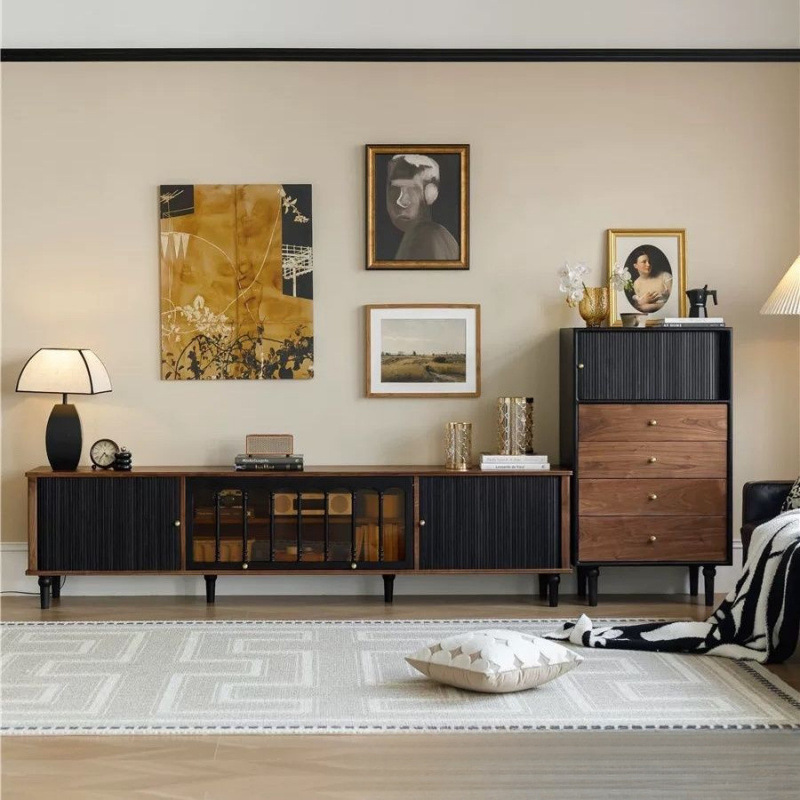 Retro Wabi-Sabi Style Black Walnut Color Tv Cabinet Cupboard Black Small Apartment Living Room Antique Style Furniture Light Luxury