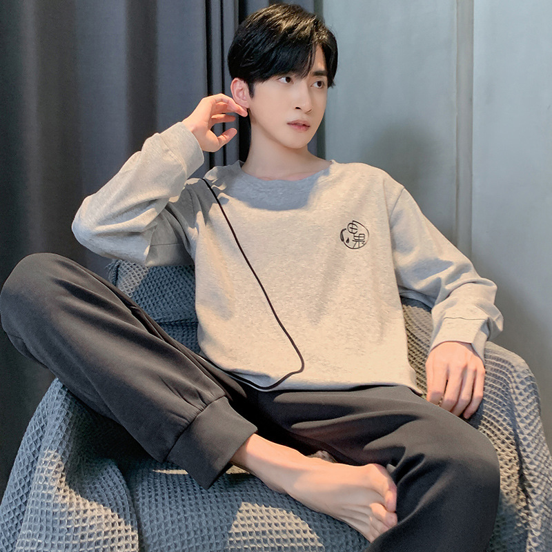 Round Neck Long-Sleeved Trousers Home Wear Suit Spring and Autumn Wearable Simple Casual Style Men's Pajamas Can Be Worn Outside