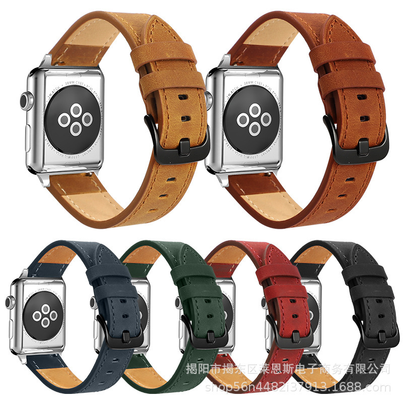For Apple watch Series6-9/SE watch strap head layer retro crazy horse leather strap cross border