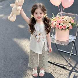 女童夏季短袖套装2026新款儿童条纹阔腿裤时髦两件套宝宝卡通衣服