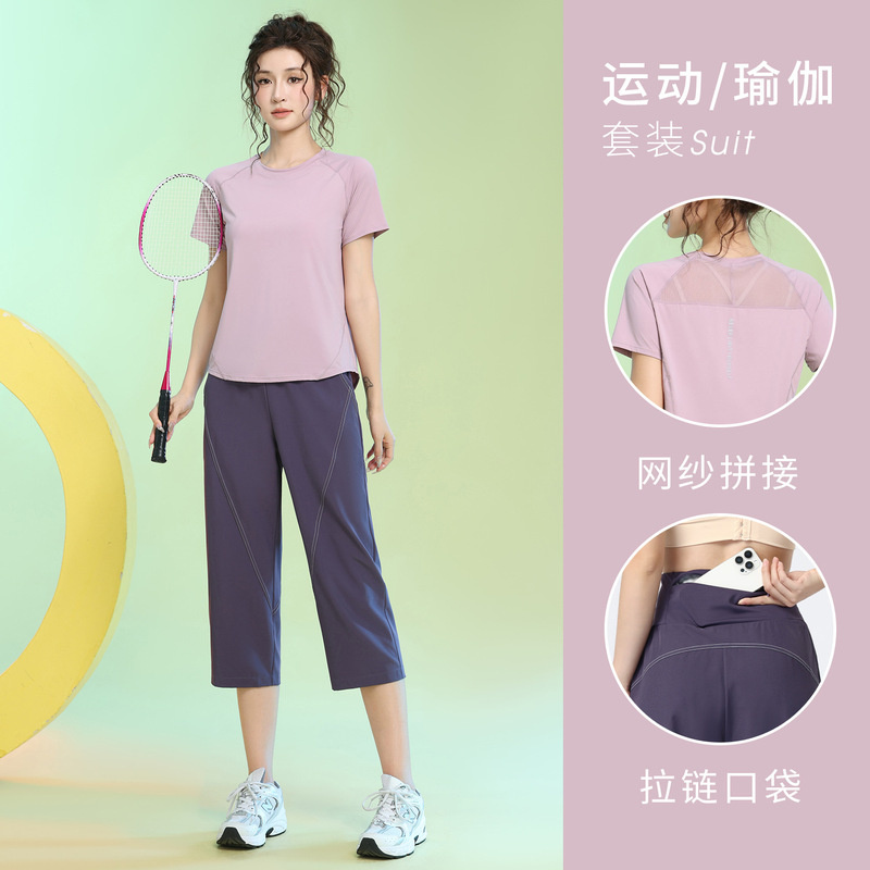 Short-Sleeved Sports Suit for Women, Summer Mesh Breathable Quick-Drying Clothing, Fitness Training Clothing, Loose Slimming Badminton Clothing