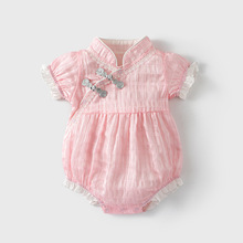 嬰兒連體衣夏裝薄款女寶寶衣服洋氣公主百天周歲禮服旗袍短袖哈衣