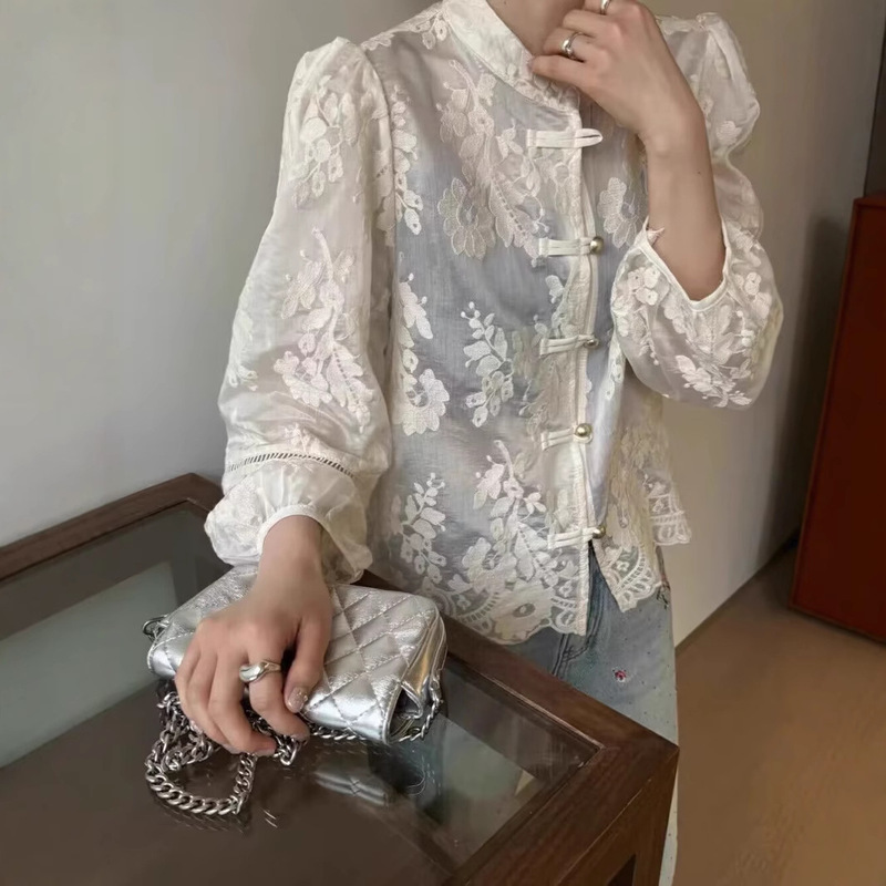 Spring shirt women's 2024 early spring new new Chinese retro light national style small shirt design lace top Spring shirt women's 2024 early spring new new Chinese retro light national style small shirt design lace top