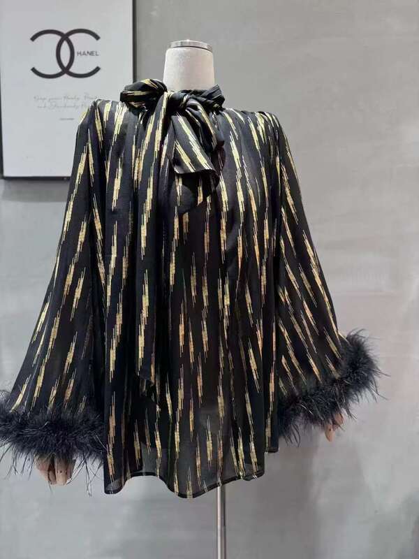 2024 spring new feather cuff see-through shirt gorgeous temperament bandage scarf collar top