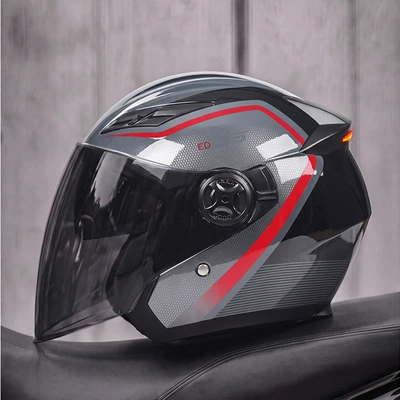 Motosiklet kaskı (dəbilqə) – LED tail light, half helmet - gray-crimson-trace-black-tea-mirror-free-transparent-mirror-msuitable-for-head-circumference-57-58-cm