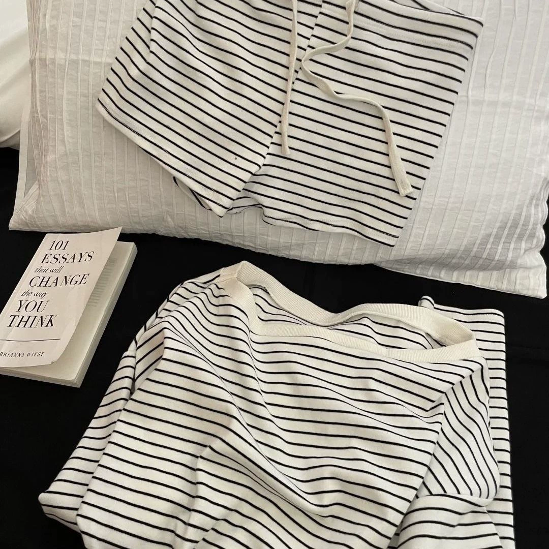 Spring Pajama Set, Striped Black & White, Long-Sleeve with Open Shoulders + Short Sleeve