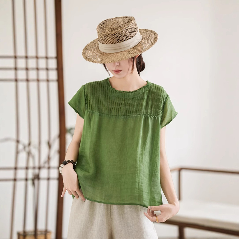 Jian Meng Ramie Shirt 2025 Summer New Style Age-Reducing Back Button Top Women's Lace Collar Short Sleeve Shirt 1829