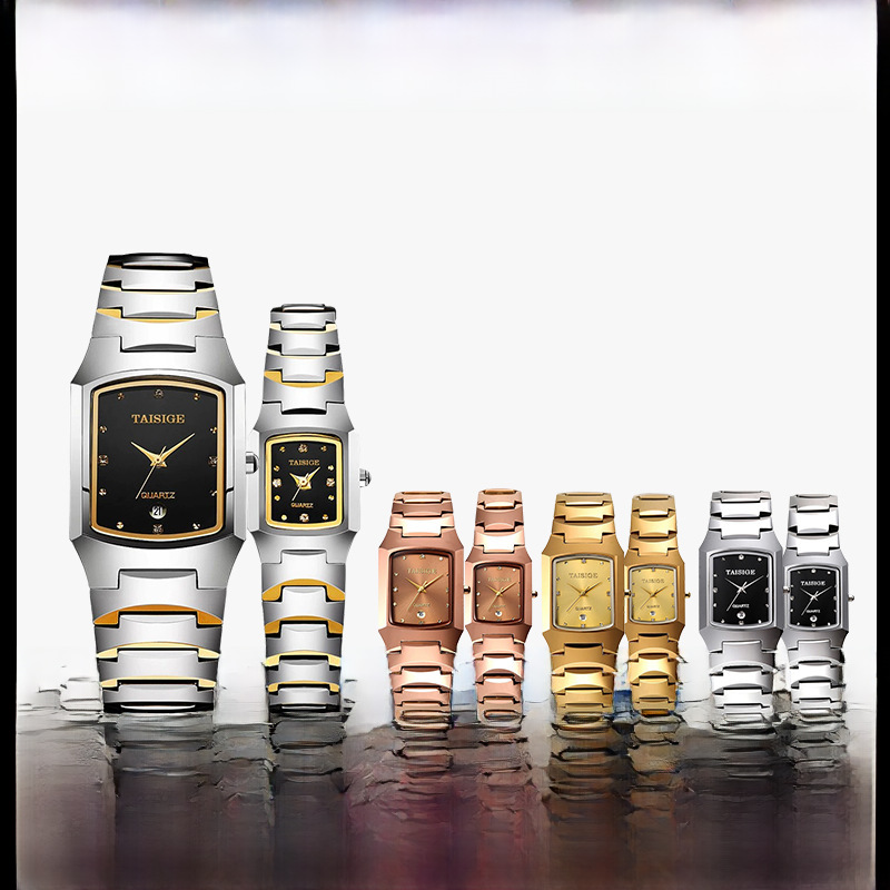 TAISIGE新款休闲商务情侣对表真正实心钨钢金色深度防水男士手表