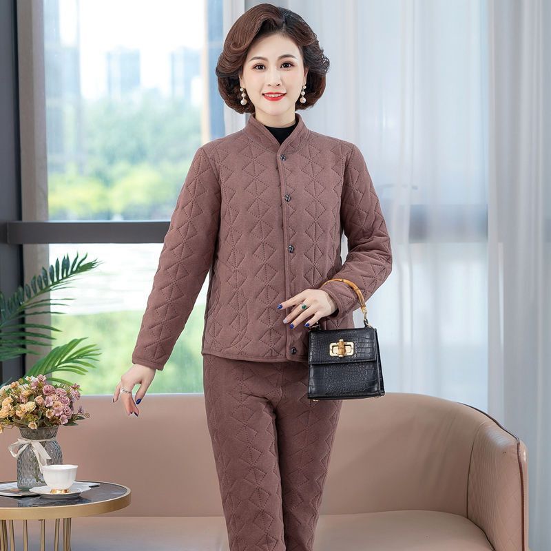 三件套保暖套装中年女装冬季新款蚕丝棉外穿高档棉服妈妈装两件套|undefined