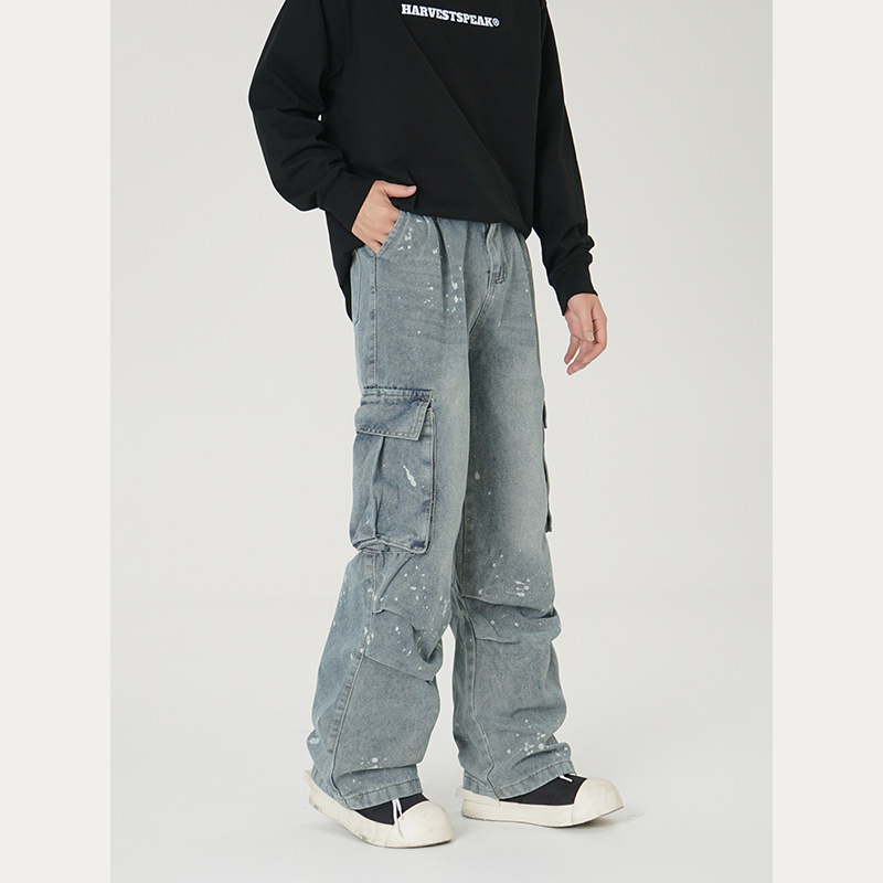 Vintage Cargo Jeans For Men – Distressed Multi-Pocket Streetwear Pants With Splatter Paint & Oversized Fit (S-XXXL) – Grunge Revival Essential_mkmklike.com