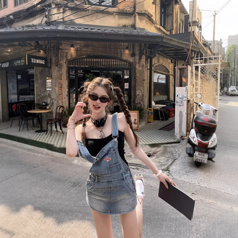 Women's Denim Overalls Summer American Retro Style High-Waisted Slimming A-Line Dress Pants for Petite Figures Women's Denim Overalls Summer American Retro Style High-Waisted Slimming A-Line Dress Pants for Petite Figures