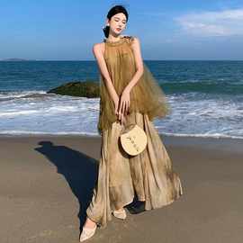 新中式挂脖连衣裙女无袖改良旗袍禅意晨袍仙女网纱扎染假两件裙子