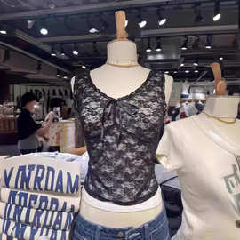 BM风新款黑色蕾丝网纱系带木耳边背心吊带bm镂空上衣女