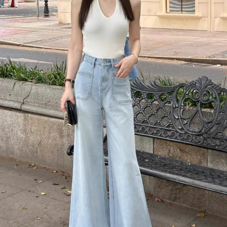 宽松浅色显瘦超小个子阔腿牛仔裤女2025直筒复古垂感拖地长裤港味|undefined