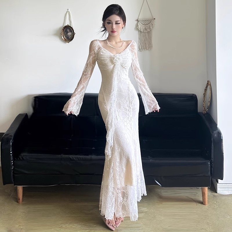 2025法式立体花朵飘带长袖礼服连衣裙女纯欲蕾丝收腰显瘦鱼尾长裙|undefined